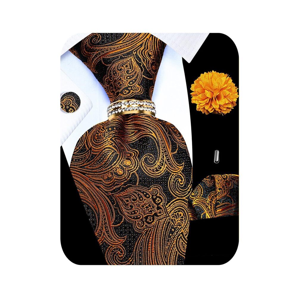 1922 5PCS Gold Black Paisley Tie Pocket Square , Silk Necktie